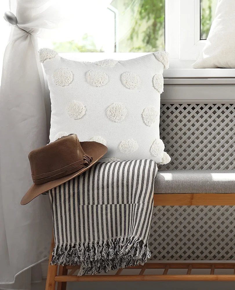 Sashaa World Cotton Tufted Dots Cushion Cover Colour White