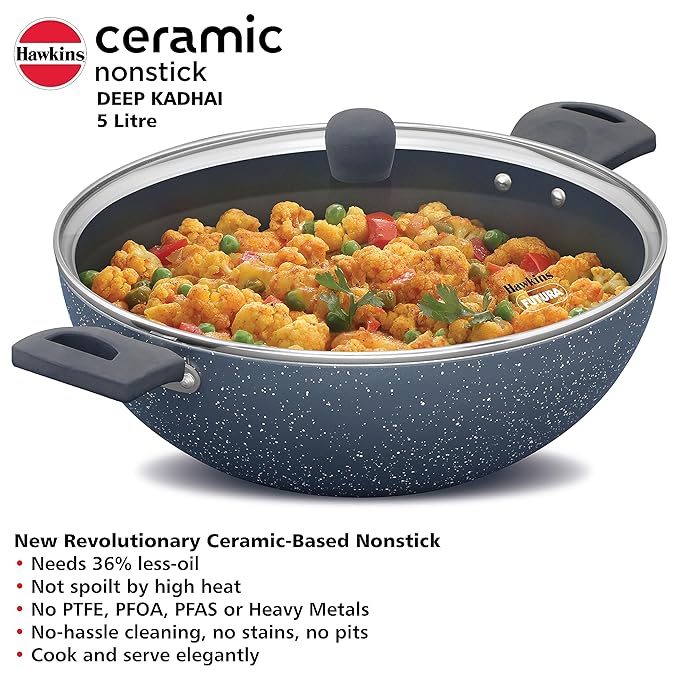 Hawkins Ceramic Nonstick 5 litre Deep Kadhai Induction Deep Fry Pan