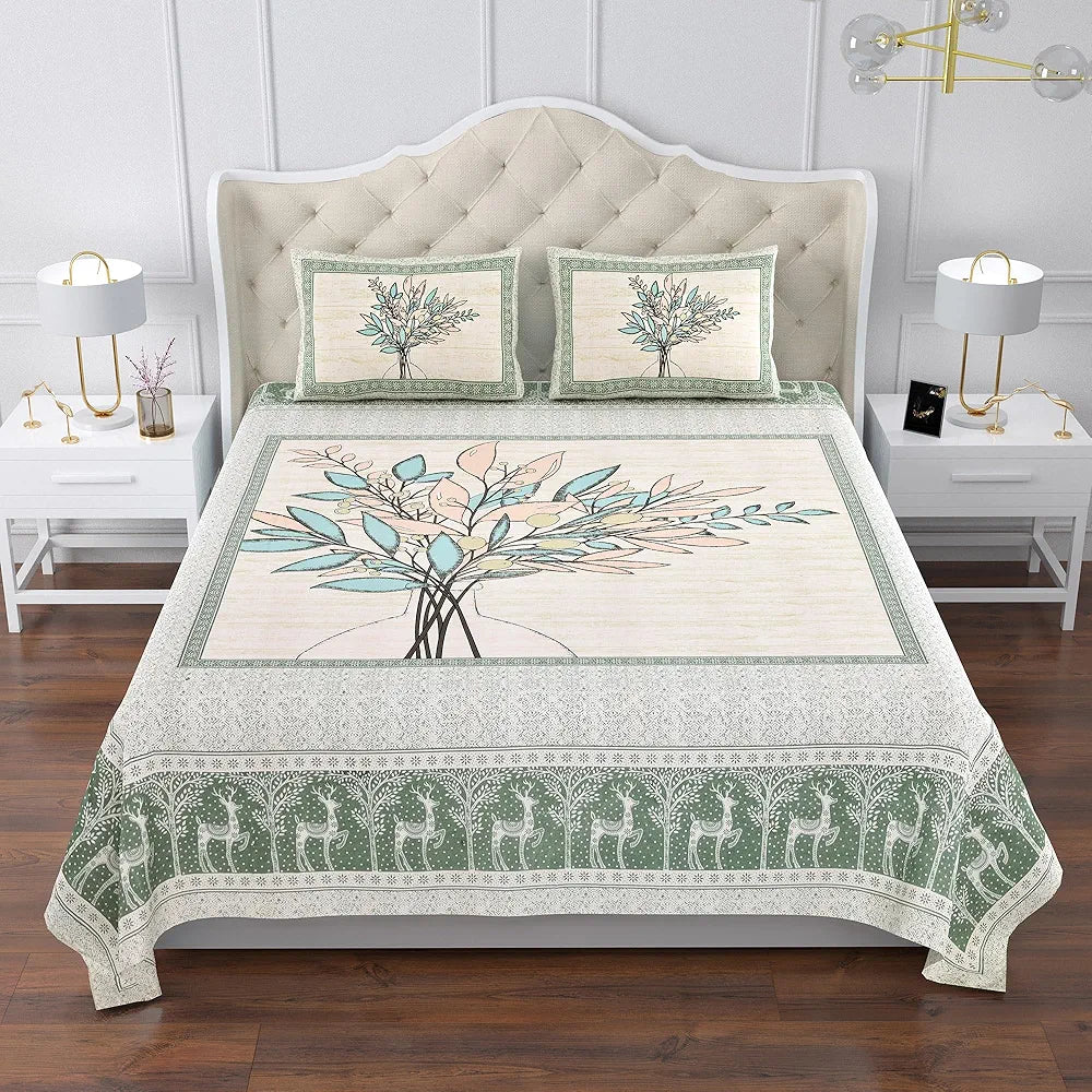 Kuber Industries Double Bedsheet with 2 Pillow Covers 160 TC Premium Cotton Photo Frame Tree Green