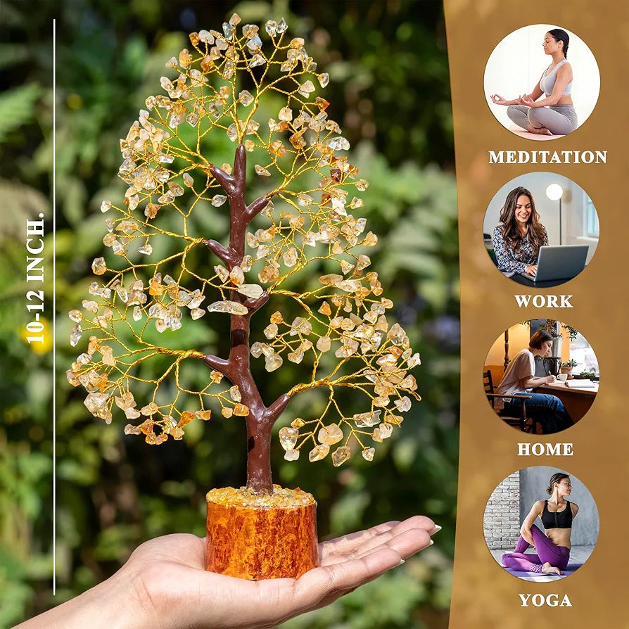 HindCraft Citrine Gemstone Crystal Tree Golden Wire 10-12 inch