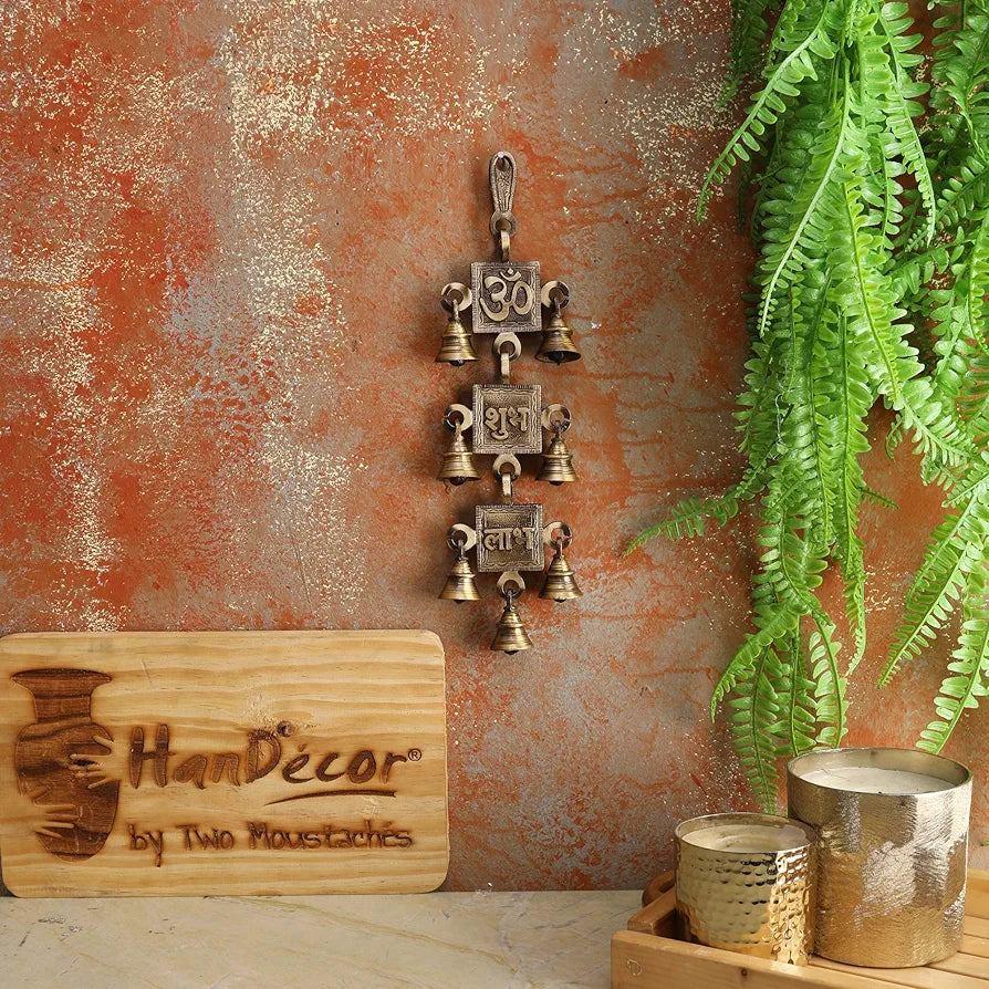 Two Moustaches Om Shubh Labh Design Brass Hanging Bells