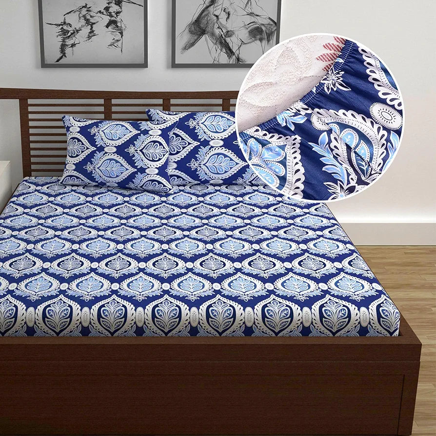Divine Casa Cotton 100% Cotton Elastic Fitted Printed Queen Size Double Bed Bedsheet with 2 Pillow Cover Colour Baja Blue
