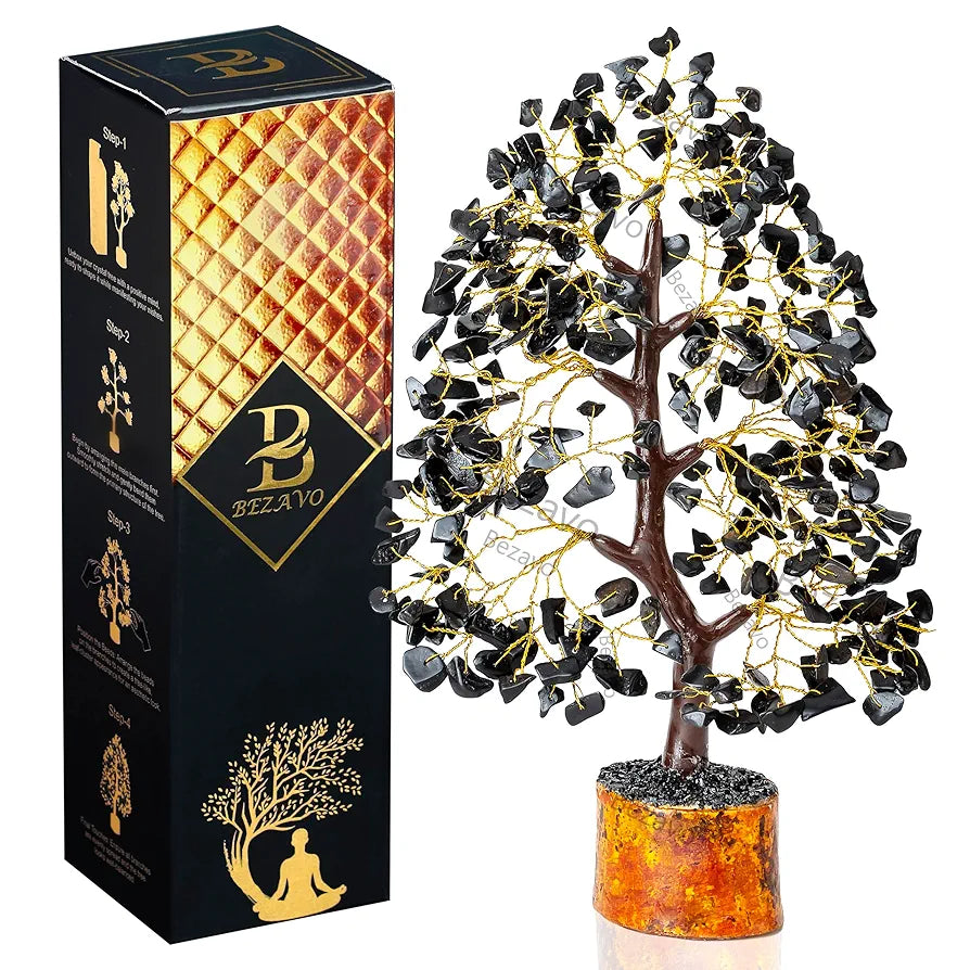 Bezavo Black Tourmaline Crystal Tree for Healing & Prosperity Golden Wire