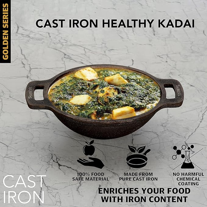 Sumeet Super Smooth Gold Series Pre Seasoned Cast Iron Small Kadai for Fry 950 ml