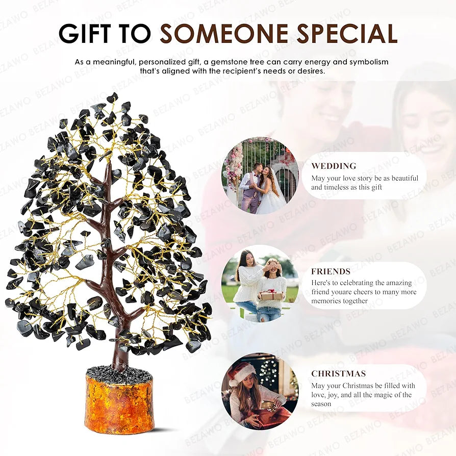 Bezavo Black Tourmaline Crystal Tree for Healing & Prosperity Golden Wire