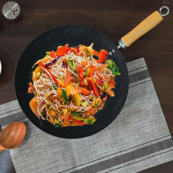 Femora Carbon Steel Wok 28 Cm With Wooden Handle | 3 Layer Non-stick Coating Wok | Black