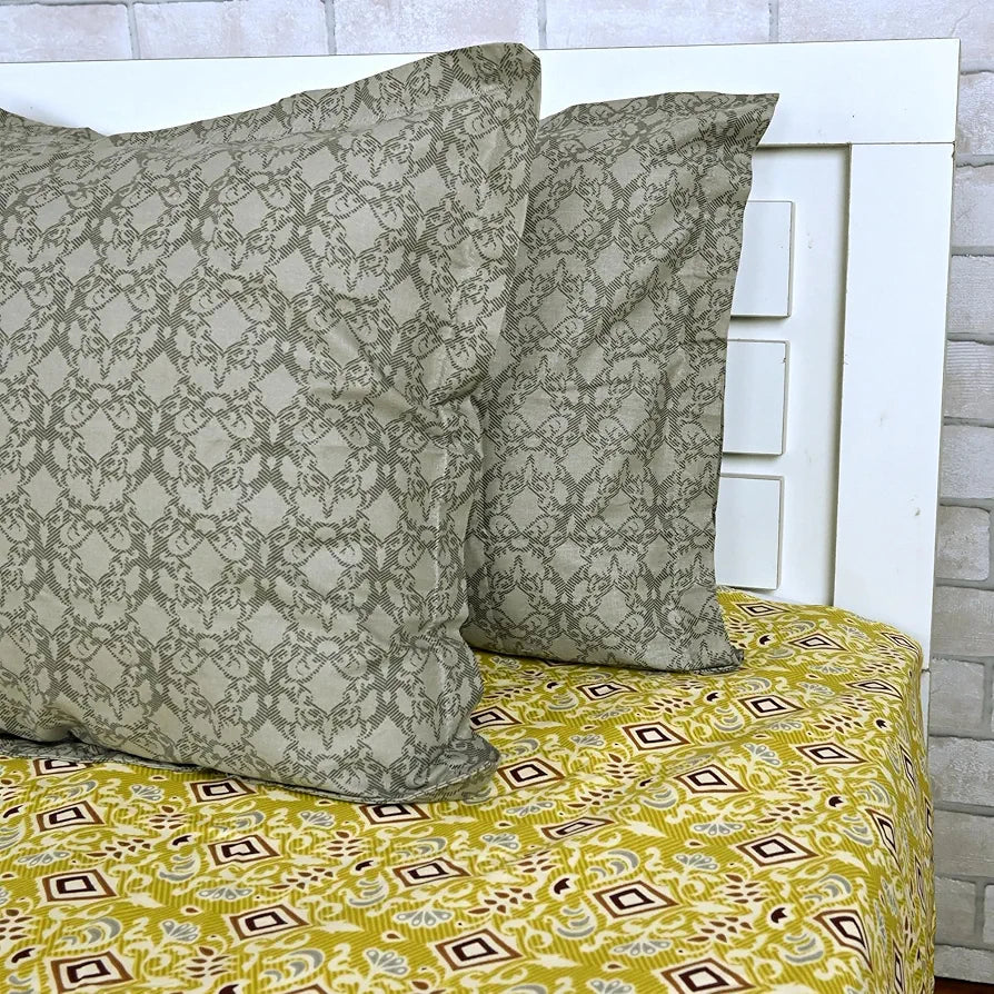 Divine Casa 144 TC 100% Pure Cotton Double Bedsheet with 2 Pillow Covers Ikat Diamond Print Colour Mustard Yellow