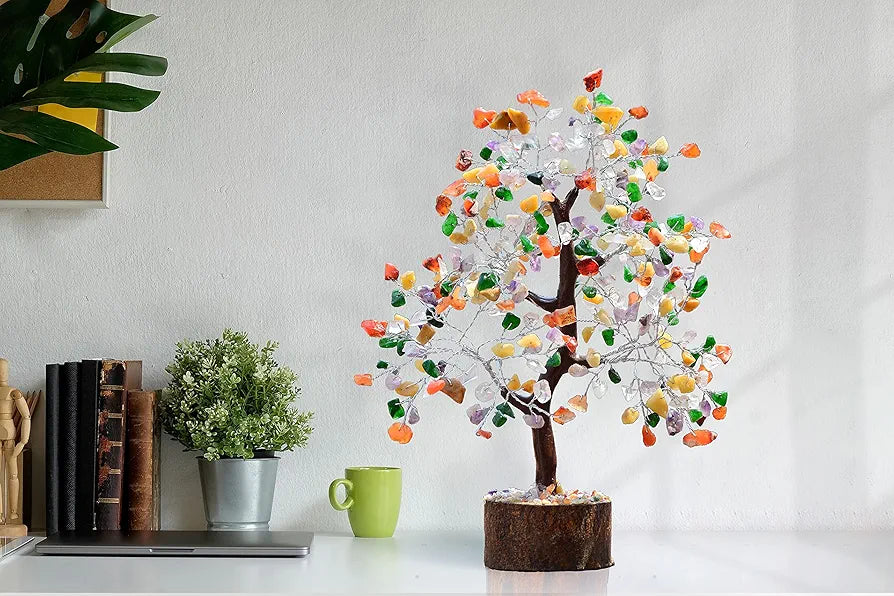 Reikved Mix Chakra Crystal Natural Gemstone Mix Chakra Silver Bonsai Money Tree with Chakra Bracelet