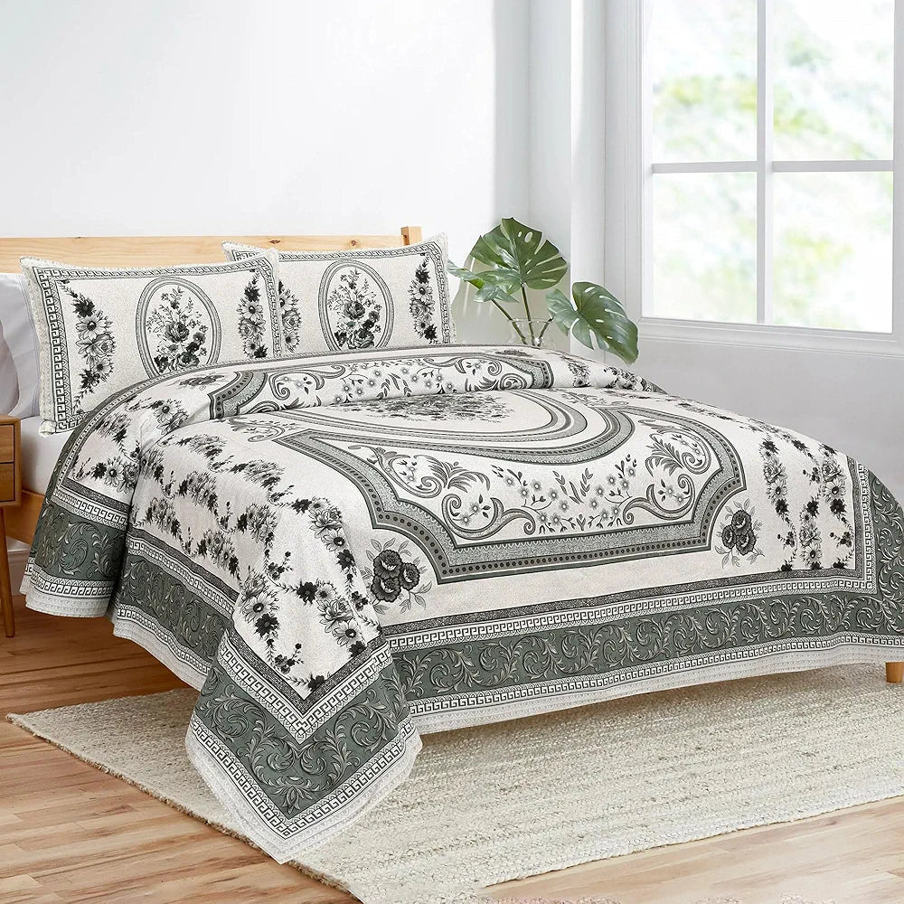 Kuber Industries Double Bedsheet with 2 Pillow Covers 160 TC Premium Cotton Kaleen Flower Green