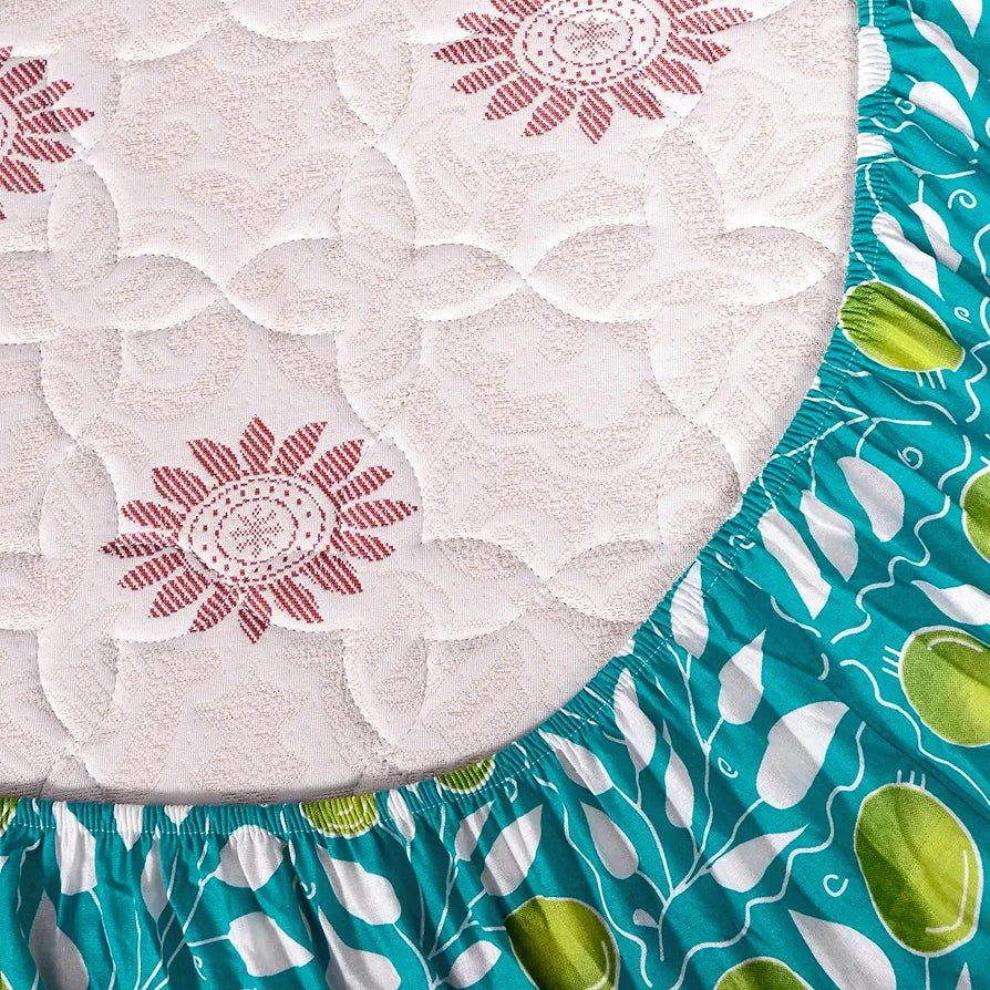 Divine Casa 144 TC Floral Blue 100% Elastic Fitted Printed King Size Double Bed Bedsheet with 2 Pillow Cover for Bedroom Colour Tile Blue