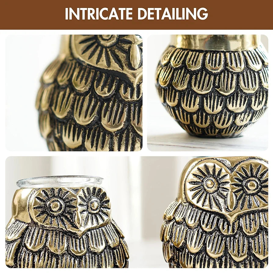 BEHOMA Aluminium Owls with Votives Set of Mother and Child | Statue for Home Decor Tabletop Living Room | Candle Holder Gift Showpiece for Mothers Day, Birthday, Anniversary | Votives Candle Included