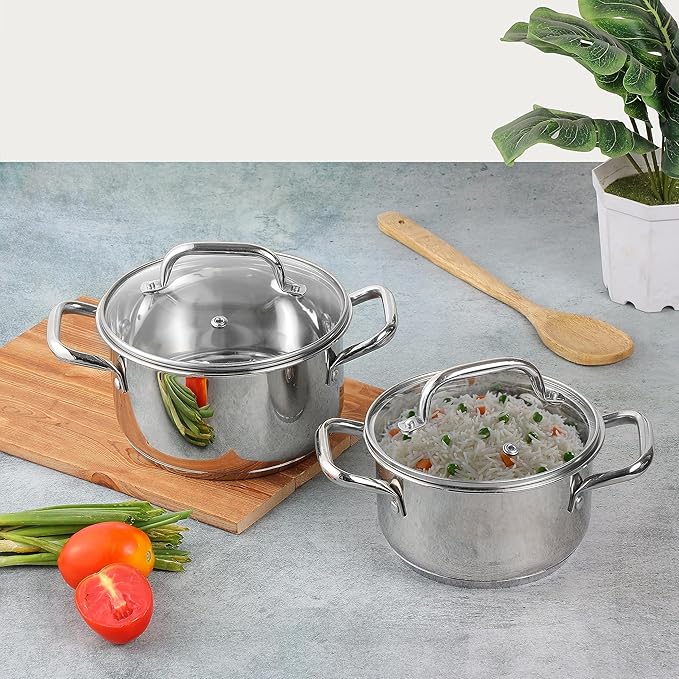Vinod Mainz Stainless Steel Cookware set of 2 | 1.2 and 2 Litre Saucepot with Glass Lid | SAS Bottom | Biryani Pot