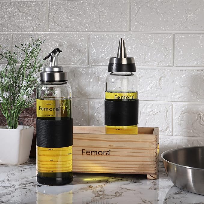 Femora Borosilicate Glass Oil Bottle | 500 Ml | 2 Pieces | In One Wooden Tray for Kitchen