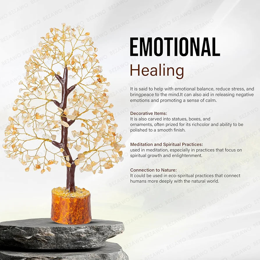 Bezavo Citrine Crystal Tree of Life Feng Shui Money Tree Golden Wire for Positive Energy & Success