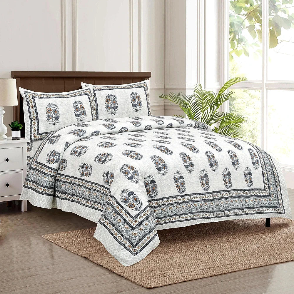 Kuber Industries Double Bedsheet with 2 Pillow Covers 160 TC Premium Cotton Dezier Flower Boota Blue