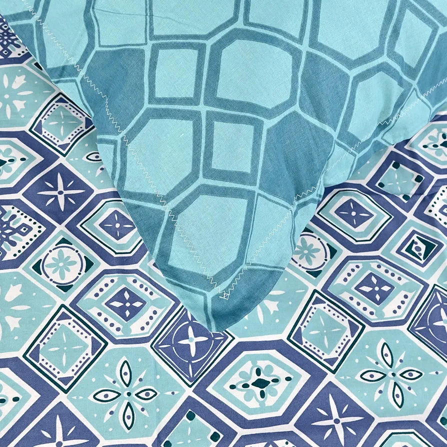 Divine Casa 144 TC 100% Pure Cotton Single Size Bedsheet with 1 Pillow Cover Geo Nordic Hexa Colour Ice Aqua Blue