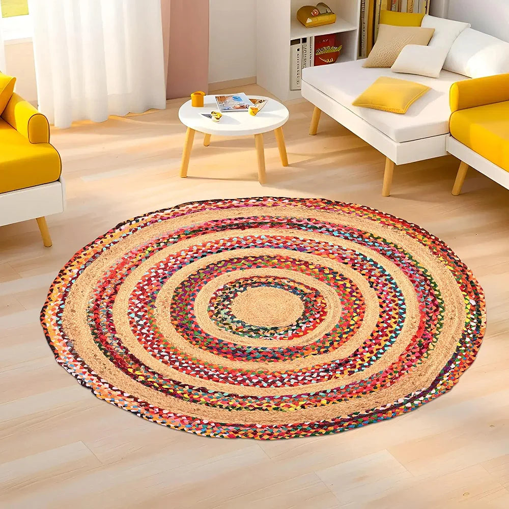 Kuber Industries Satranji Round Jute Rug & Carpet for Home & Bedroom Thick Lines Beige