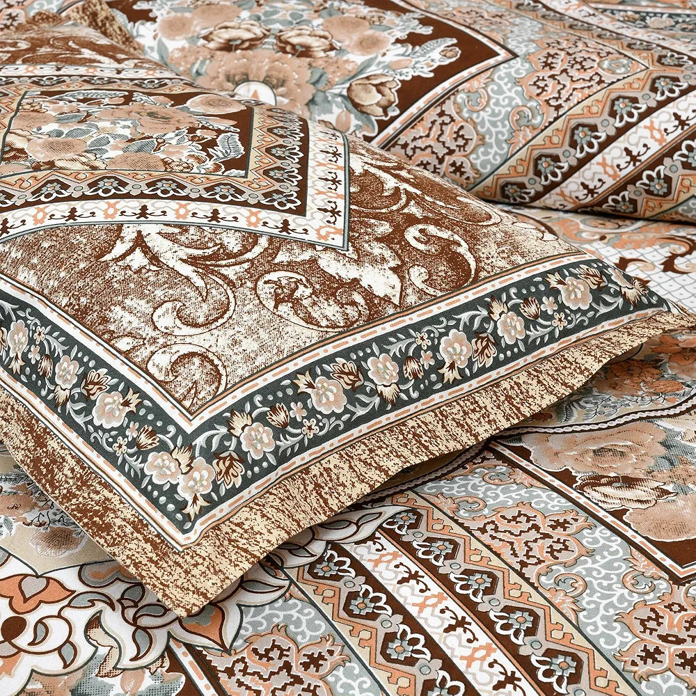 Kuber Industries Double Bedsheet with 2 Pillow Covers 186 TC Premium Cotton Arabic Beauty Flower Square Brown