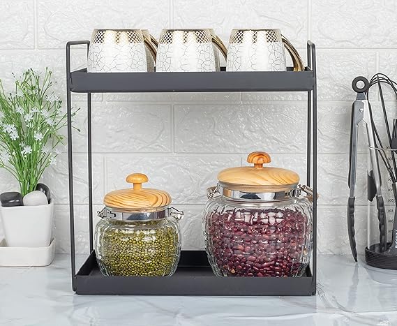 Femora Kitchen Storage Jars Embossed Glass Jar With Wooden Lid & Jute Chain Air Tight Jar | 500 Ml