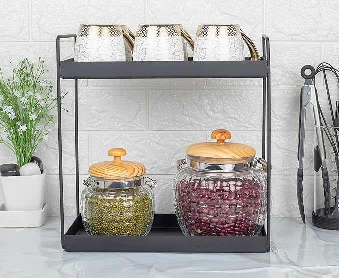 Femora Kitchen Storage Jars Embossed Glass Jar With Wooden Lid & Jute Chain Air Tight Jar | 2000 Ml | Pack of 1 Jar