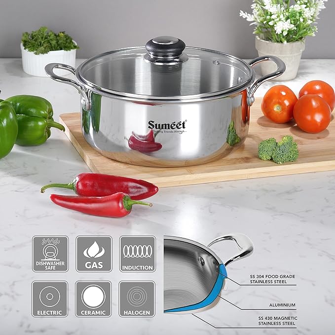 Sumeet Cook Smart TriPly Steel Aluminium Steel 3 Layers Pot Glass Lid- 4.35Ltr 24Cm Silver