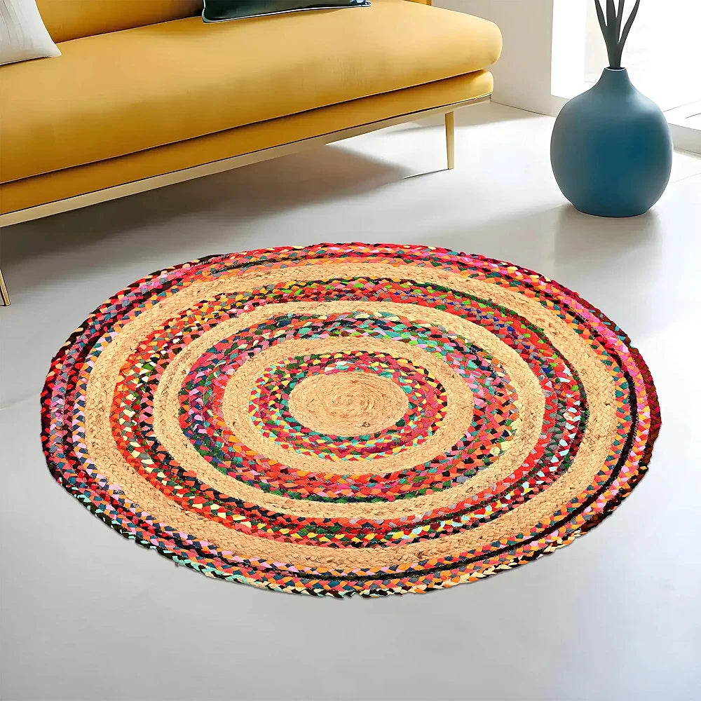 Kuber Industries Satranji Round Jute Rug & Carpet for Home & Bedroom Stripes Pink