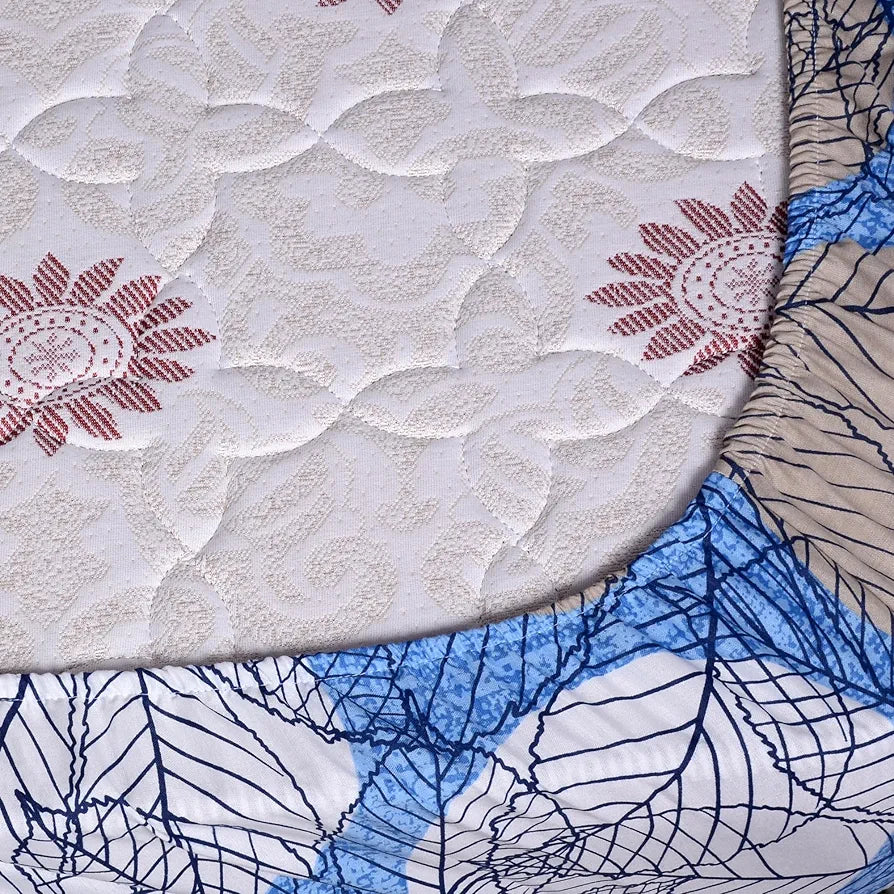 Divine Casa 144 TC Cotton Fitted Bedsheet for Single Bed 100% Cotton Floral Blue Size Colour Lichen Blue