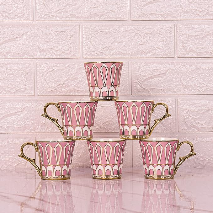 Femora Dropped U Scale Pattern Pattern Golden Tea Mugs, Ceramic Tea Cups, Coffee Mugs | 160 Ml | Pink | 6 Pcs Set | Not Microwave Safe