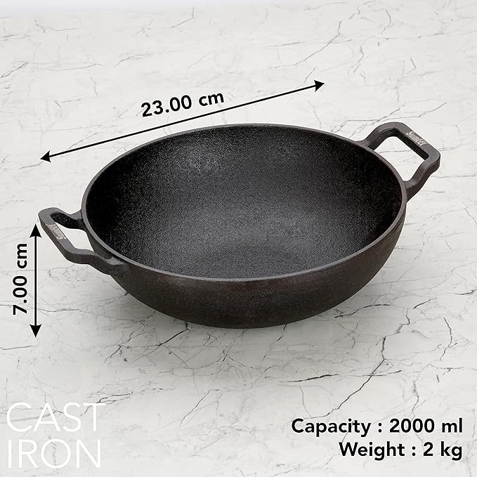 Sumeet Pre Seasoned Heavy Weight Cast Iron Deep Kadai 23cm 2000ml Weight 2Kg Black