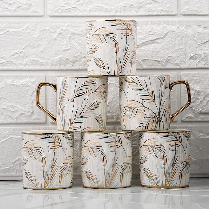 Femora Pastel Tropical Leaves Tea Mugs, Ceramic Tea Cups, Coffee Mugs | 180 Ml | 6 Pieces Set | Not Microwave Safe