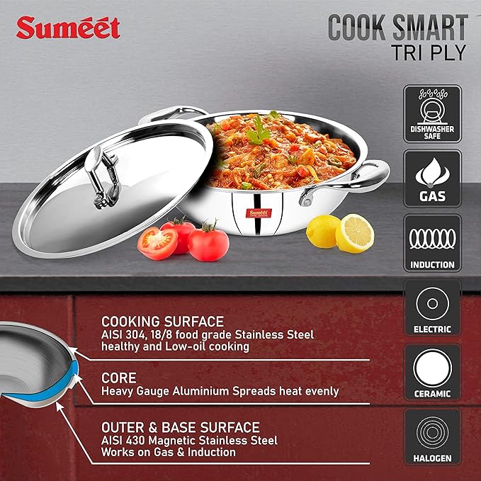 Sumeet Cook Smart TriPly Steel Aluminium Steel 3 Layers Kadhai with Lid - 1.1 Ltr - 18Cm