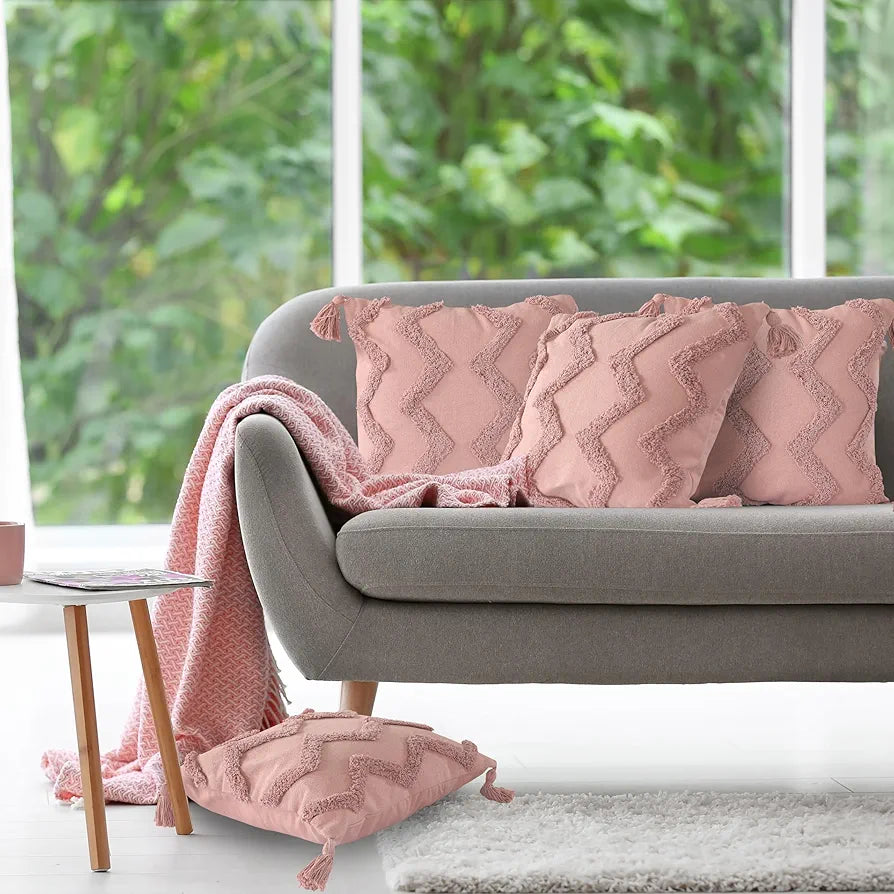 Sashaa World Salmon Pink Chevron Tufted Cushion Cover With Tassels