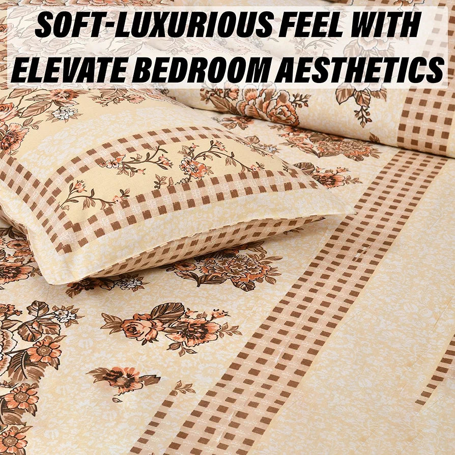 Kuber Industries Double Bedsheet with 2 Pillow Covers 160 TC Premium Cotton Spain Flower Lining Cream
