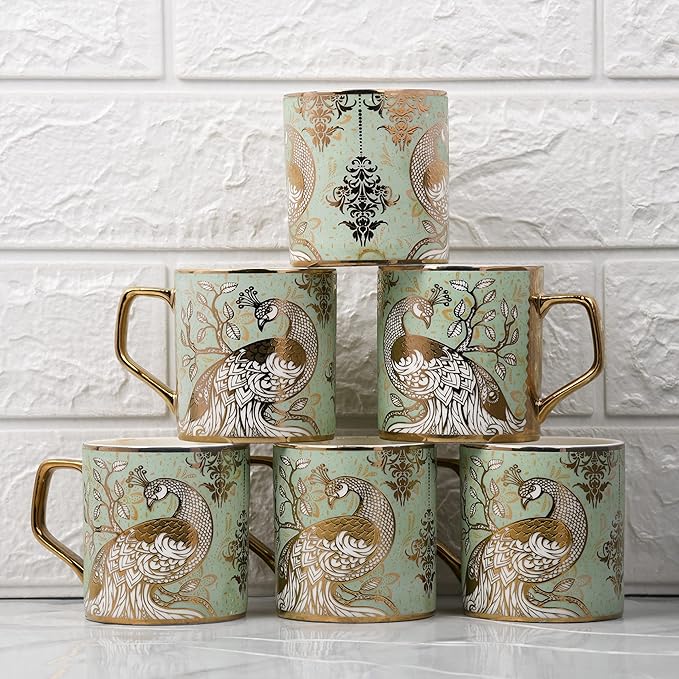 Femora Premium Peacock Motif with Leaves Pattern Ceramic Coffee & Tea Cup Set of 6 Each - 100 gms