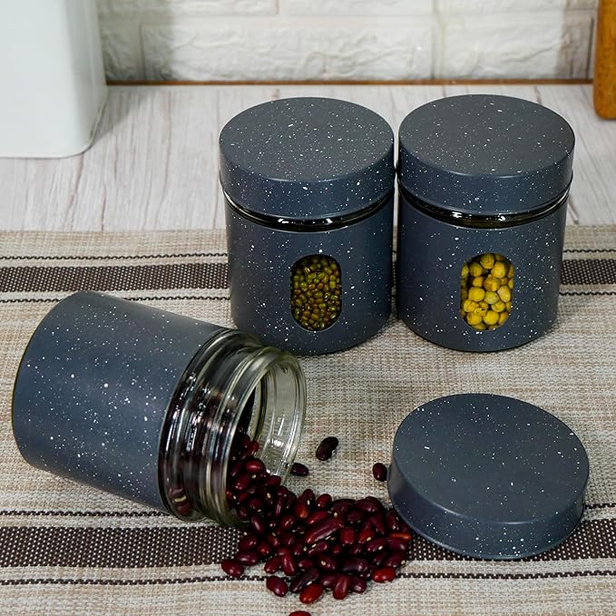 Femora Carbon Steel Jar for Kitchen Storage With Clear Glass Window and Carbon Steel Lid | 300 Ml | 3pc Set | Blue- Green