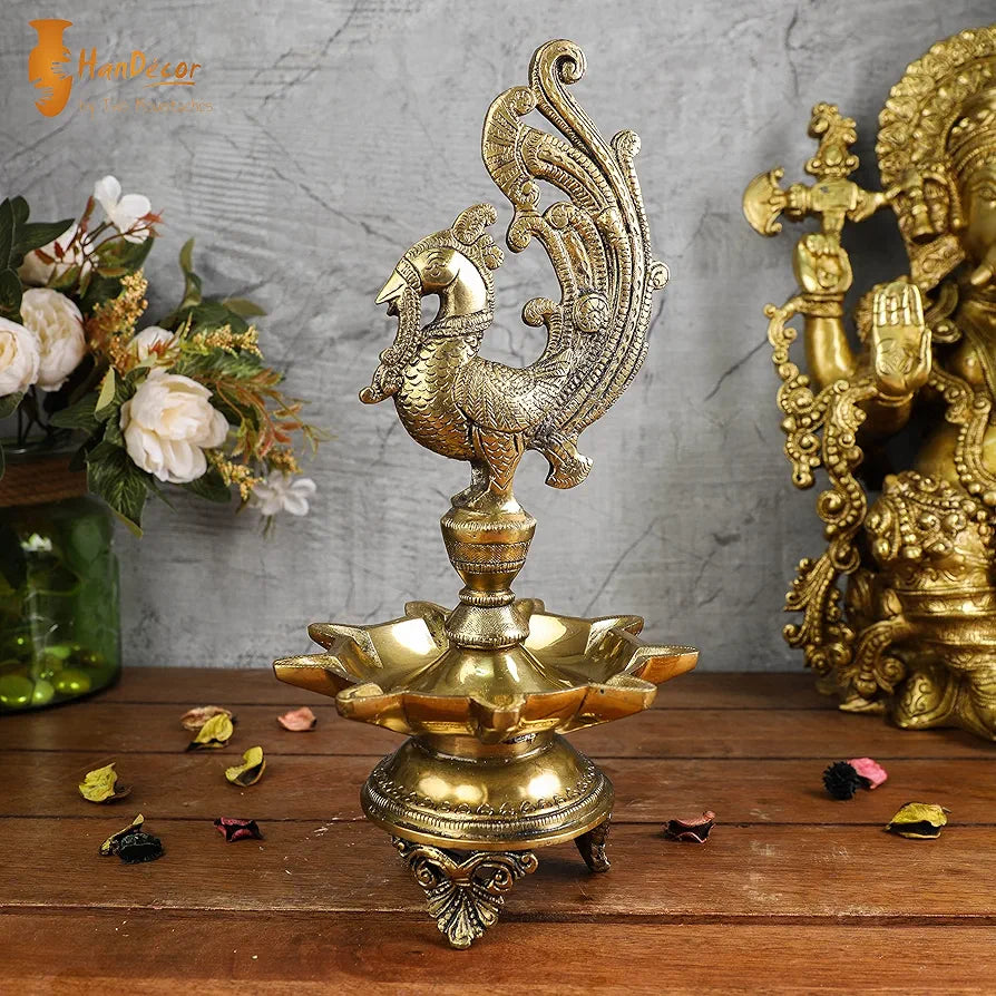 Two Moustaches Peacock Design 9 Oil Wick Brass Diya