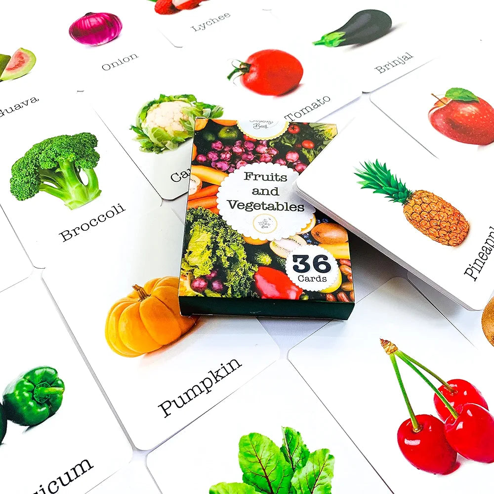 The Curious Bees - Fruits and Vegetables Flash Cards | 36 Laminated Cards for Kids | Age Group: 1-4 Years | Fun Early Educating Activity for Kids