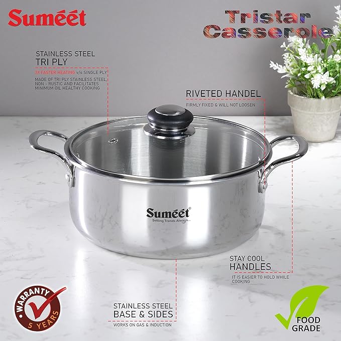Sumeet Cook Smart TriPly Steel Aluminium Steel 3 Layers Pot Glass Lid- 2.9Ltr - 20Cm Silver