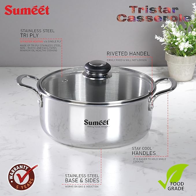 Sumeet Cook Smart TriPly Steel Aluminium Steel 3 Layers Pot Glass Lid- 3.75Ltr 22Cm Silver