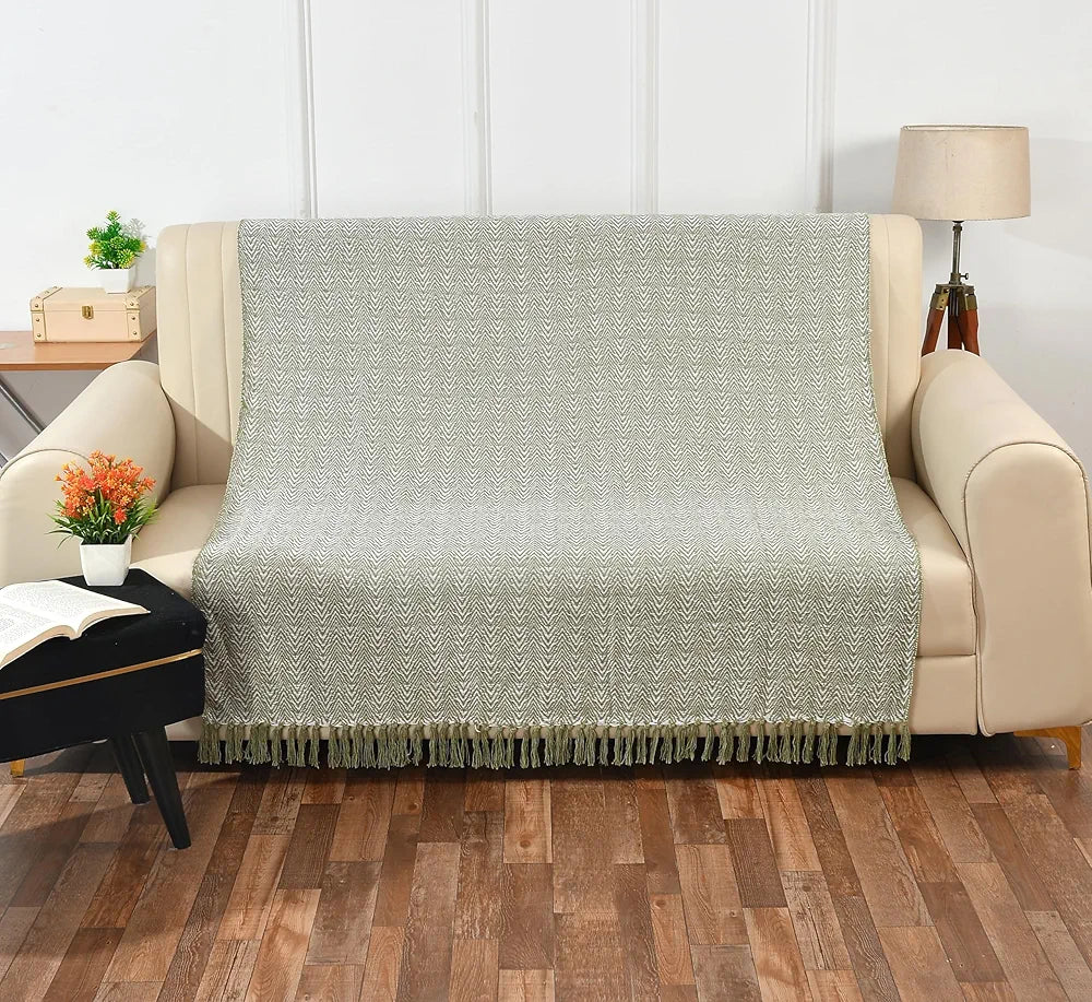 Sashaa World Soft Herringbone Throw Blanket Colour Green And Ivory