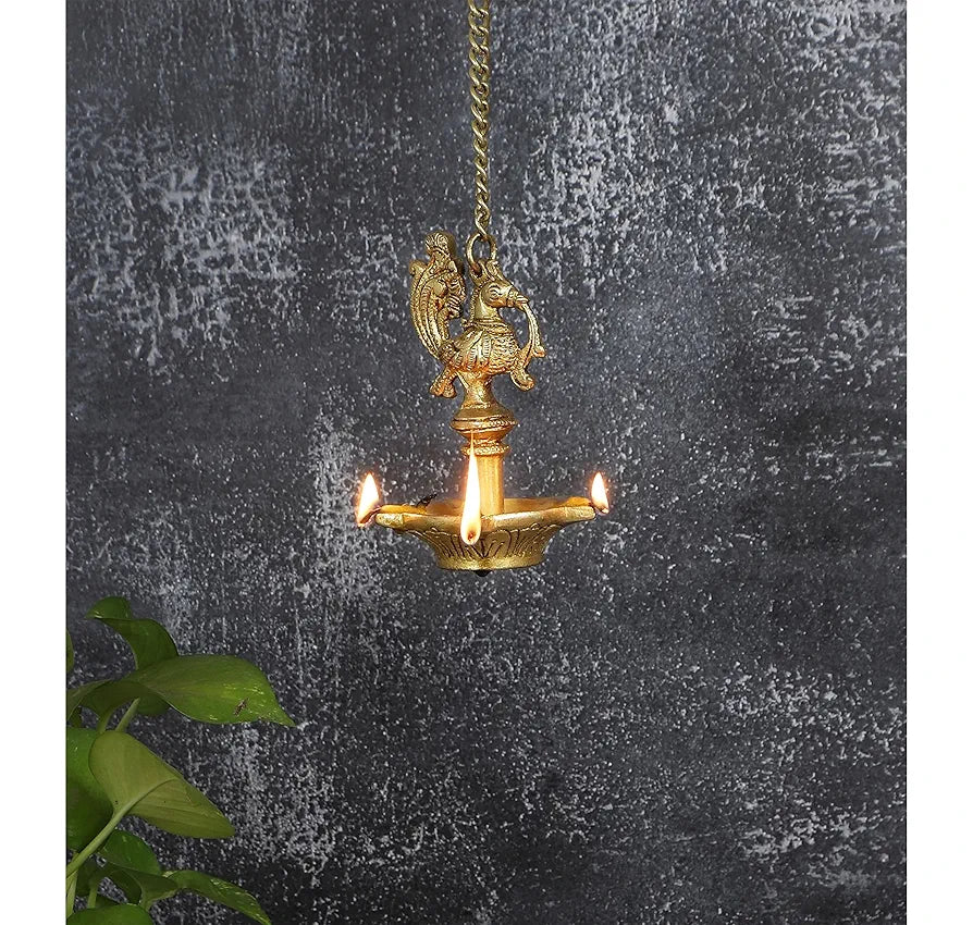 Two Moustaches Handmade Ethnic Peacock Design 5 Oil Wick Brass Hanging Diya