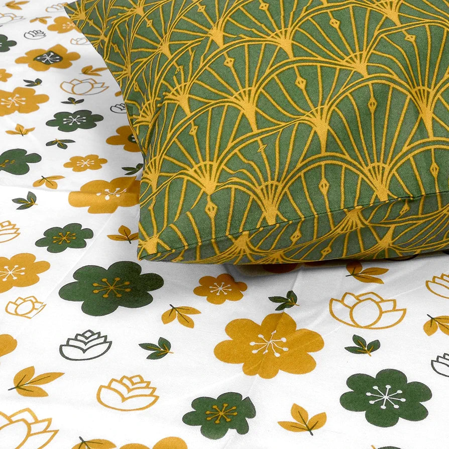 Divine Casa Bedsheet for Single Size Bed 144 TC Cotton Bedsheet for Single Size Bed with 1 Pillow Cover  Floral Mustard Colour Green