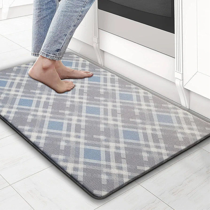 Luxe Home Columbo Anti-Fatigue Kitchen Mat Non-Slip Cushioned Comfort Mat Blue Plaid Pattern Standing Desk Mat Colour Check