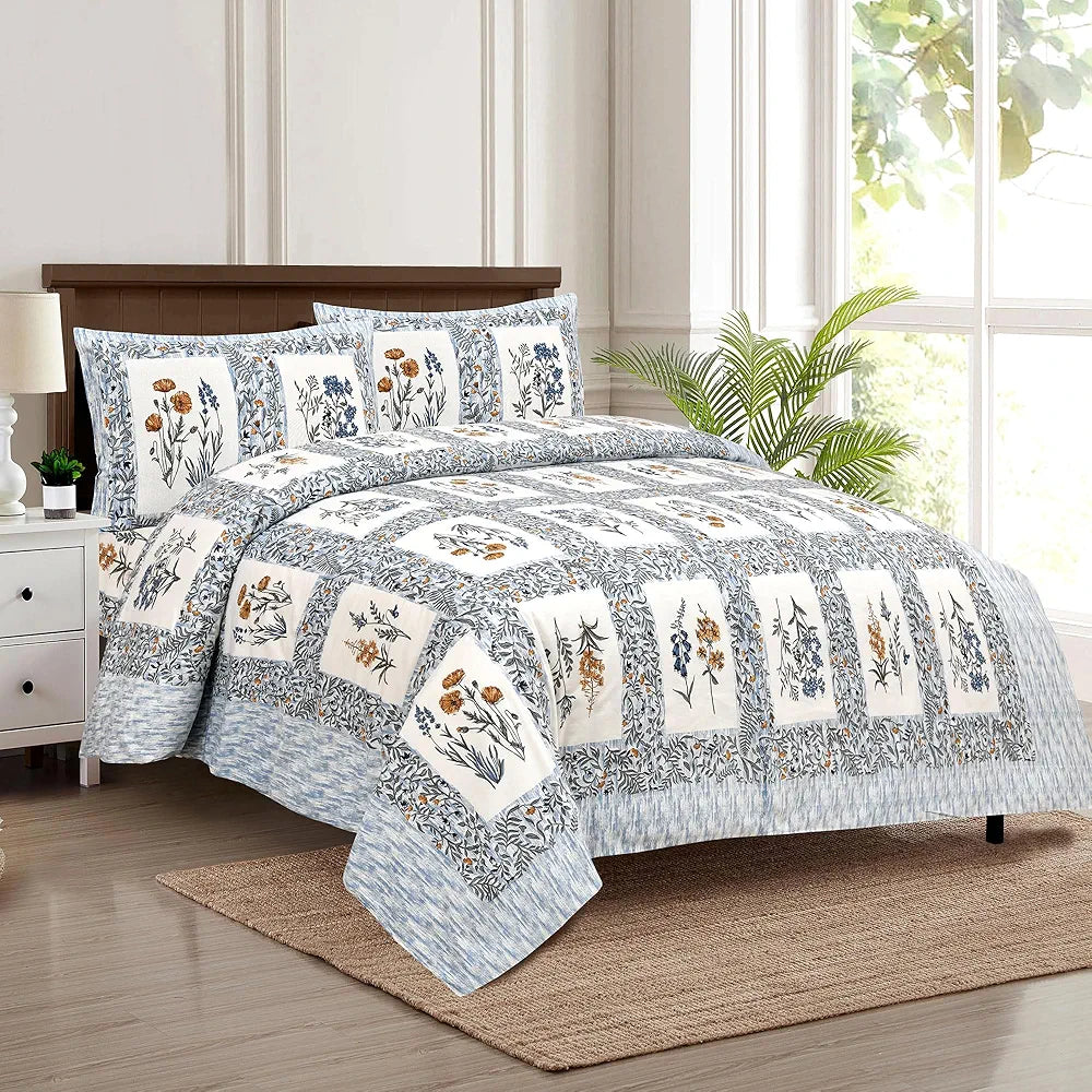 Kuber Industries Double Bedsheet with 2 Pillow Covers 160 TC Premium Cotton Dezier Check Flower Blue