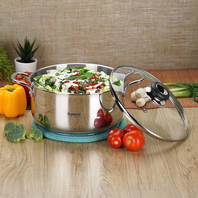 Sumeet Stainless Steel Induction Bottom Casserole with Glass Lid 3.2 Liter 20 cm Dia Silver