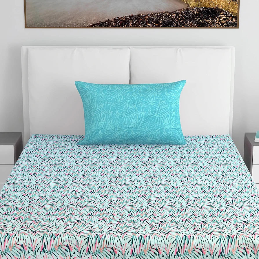 Divine Casa 144 TC 100% Pure Cotton Single Bedsheet with 1 Pillow Cover Floral Leaf Pattern Colour Soft Pink Blue