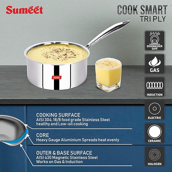 Sumeet Cook Smart Triply Sas (Steel-Aluminium-Steel 3 Layers) Sauce Pan - 1.15 Ltr - 14Cm