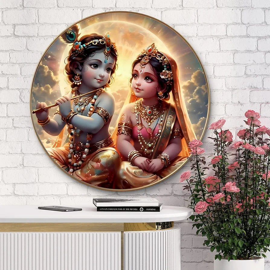 Livin'luxe Paintings Krishna and Radha Childhood Divine Love Wall Painting with Frame - Sparkle Glossy Round Golden Framed Large