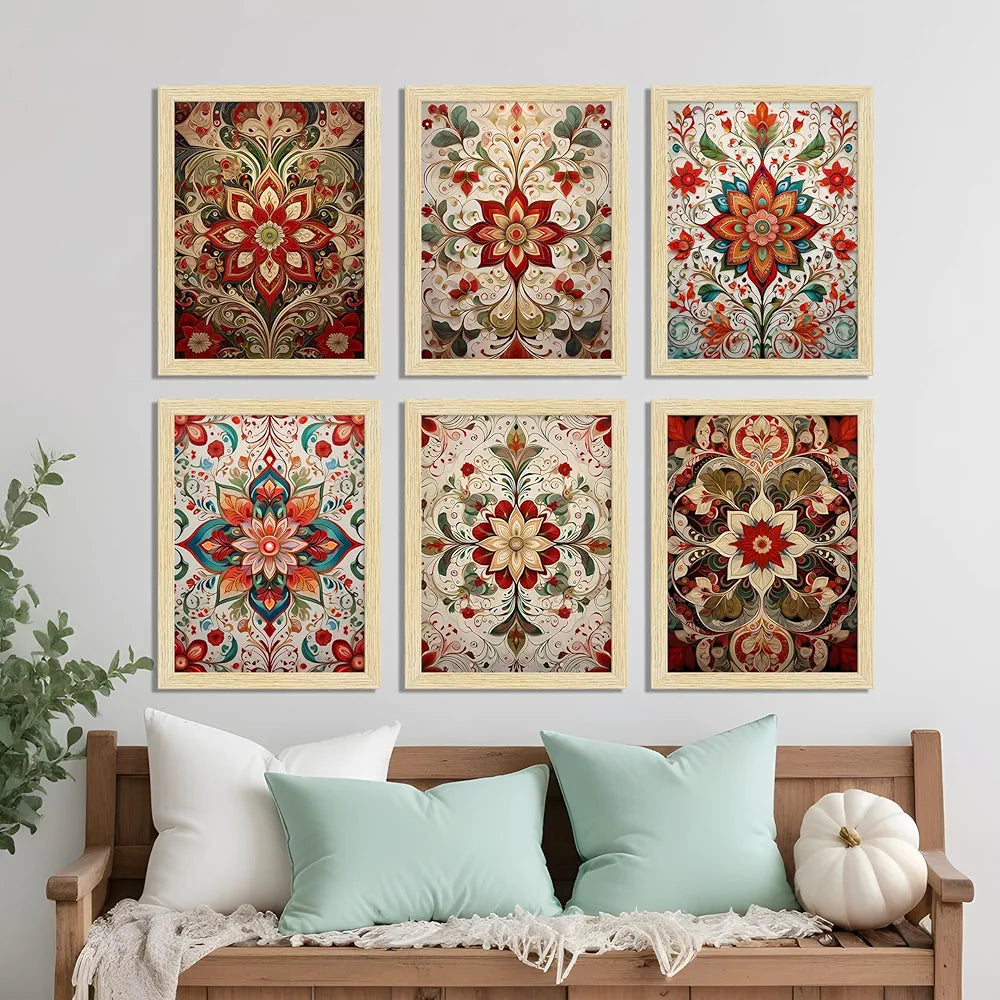 ArtX Paper Floral Patterns Botanical Art Paintings MadhuLeaves-SO6-01 With Frame Multicolor Set of 6