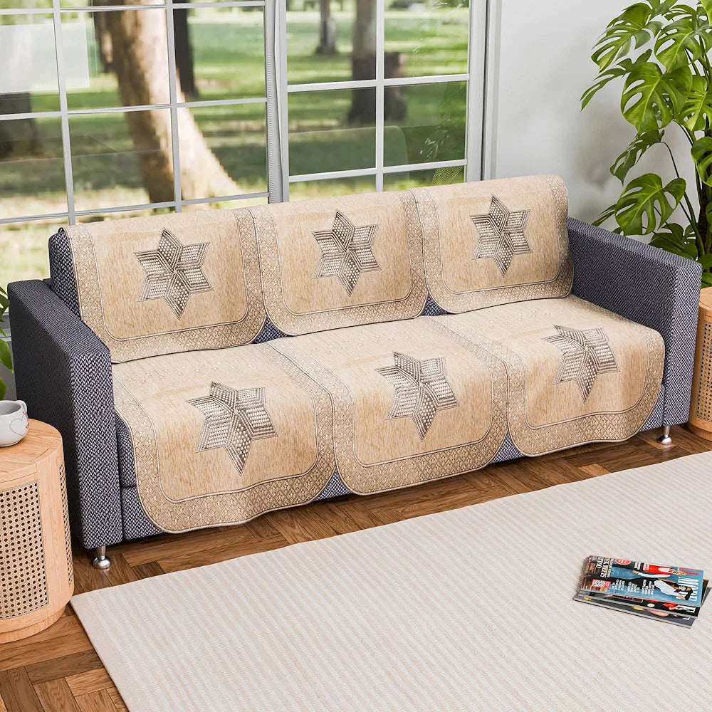 Kuber Industries Set of 6 Durable 3 Seater Sofa Cover Star Print Cream & Brown